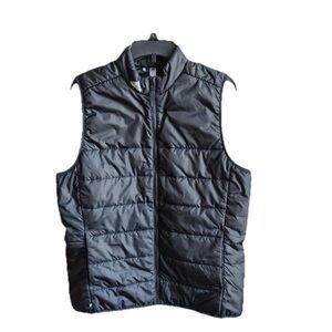 Adidas Puffer Vest Men’s Lg Black White Stripes Logo Full Zip Slim Runs Small